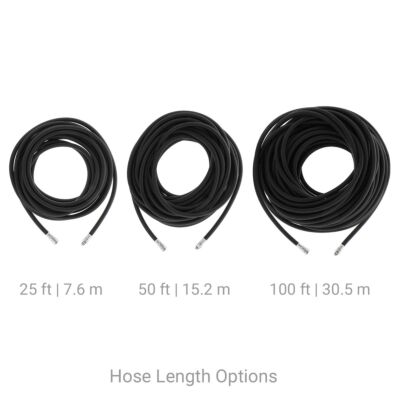 Hose Length Options are { 25 ft in | 7.6 m }, { 50 ft | 15.2 m } and { 100 ft | 30.5 m }