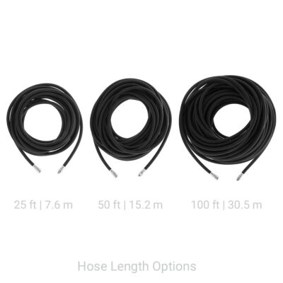 Hose Length Options are { 25 ft in | 7.6 m }, { 50 ft | 15.2 m } and { 100 ft | 30.5 m }