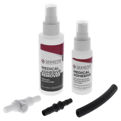 Kit Includes Skinster 2.0 oz Adhesive, 4.0 oz Adhesive Remover, Quick Disconnect Set, Barbed Fitting and Neoprene Extension