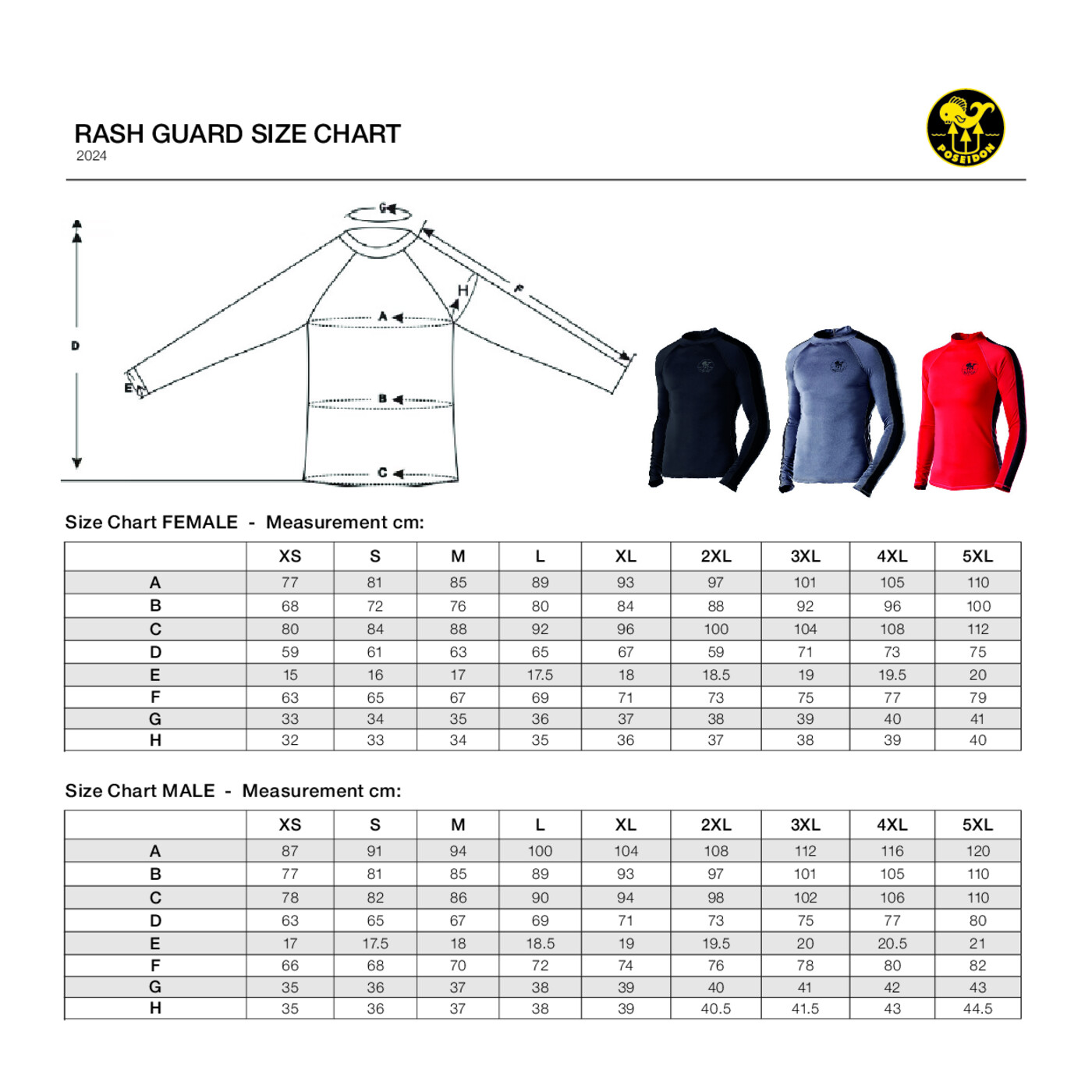 Poseidon 2024 rashguard size chart with measurement diagram and male and female tables in centimeters