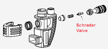 Illustration of 'Schrader' valve design inflator internals Illustration of 'Schrader' valve design inflator internals