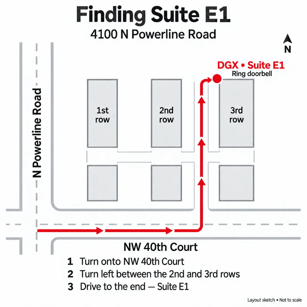 From N Powerline Road, turn onto NW 40th Court. Pass two building rows on your left, then turn left between the second and third rows. Continue past the cross-alley to the end. Dive Gear Express, Suite E1, is on your right. Ring the doorbell.